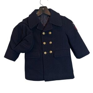 VTG Fieldston Clothes Boys Wool Pea Coat Hat Sailor Navy Insulated Quilted 4T